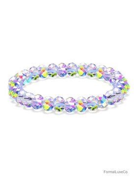 8mm Faceted Cut Crystal Stretch Bracelet, Elastic Cord, Velvet Pouch
